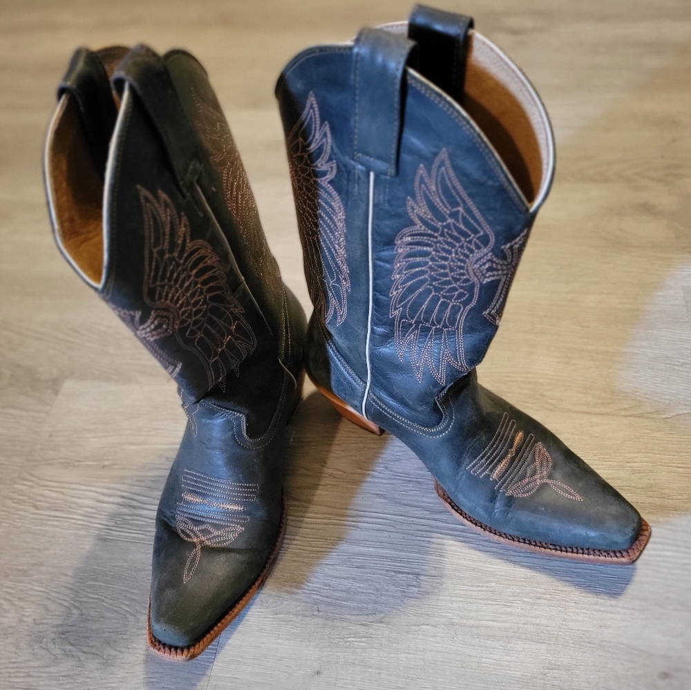 Charcoal Black Leather Cowgirl Boots